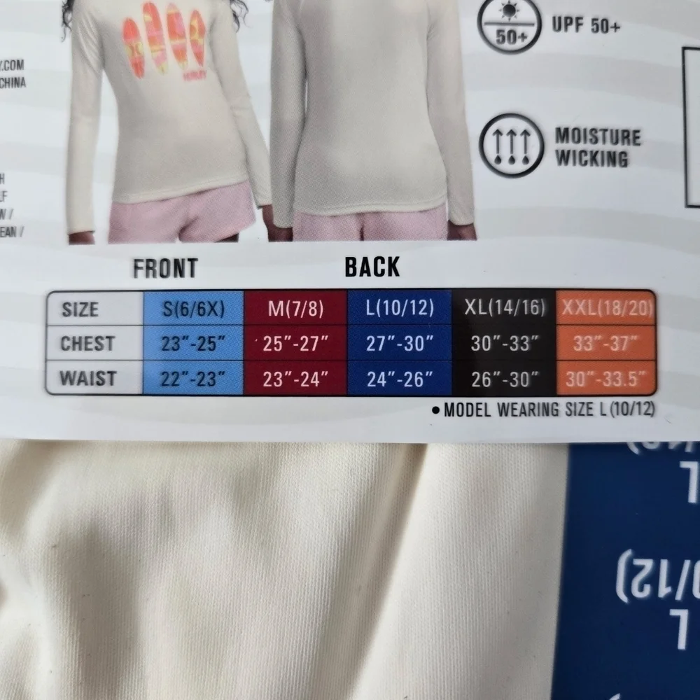 Hurley Girls Long Sleeve UPF Swim Top. Size Large (10-12). New.H20-DRI technol